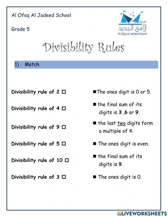 Fourth grade math worksheet showing divisibility rules with examples for students to complete