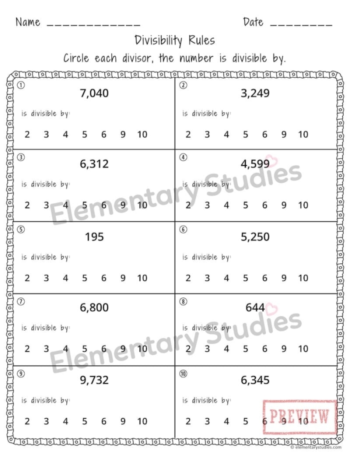 Students learning divisibility rules with examples to complete on a fourth grade math worksheet