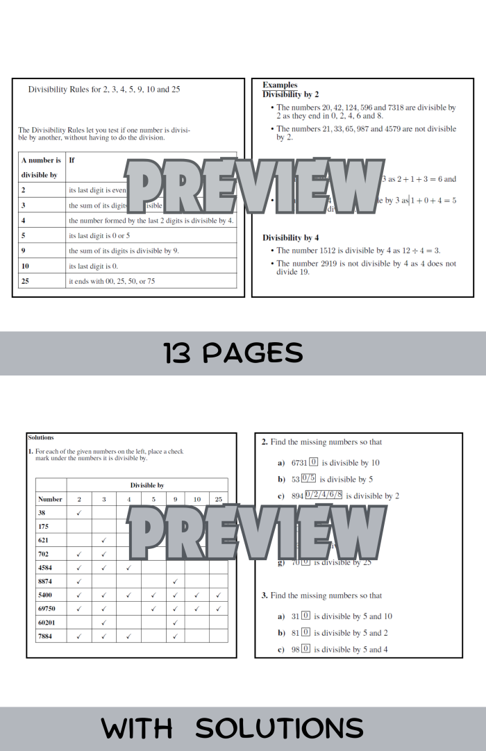 Fourth grade student worksheet showing divisibility rules examples and practice problems for learning when numbers divide evenly