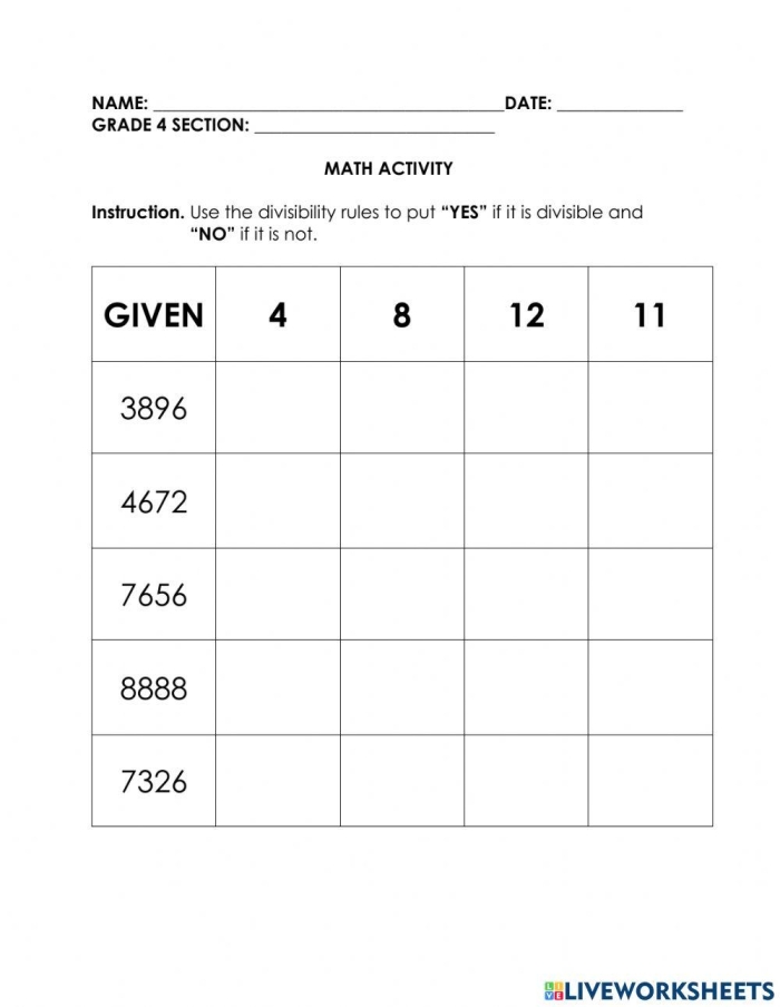Fourth grade math worksheet showing divisibility rules with examples for students to complete