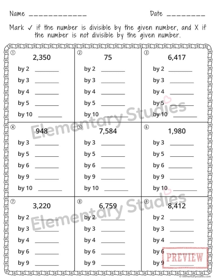 Fourth grade math worksheet showing divisibility rules with fill-in-the-blank examples for students to practice identifying numbers divisible by 2, 5, and 10