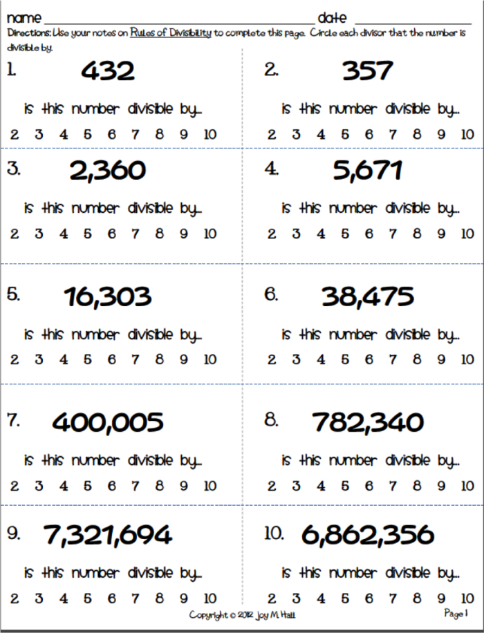 Fourth grade math worksheet for learning divisibility rules with space for student examples