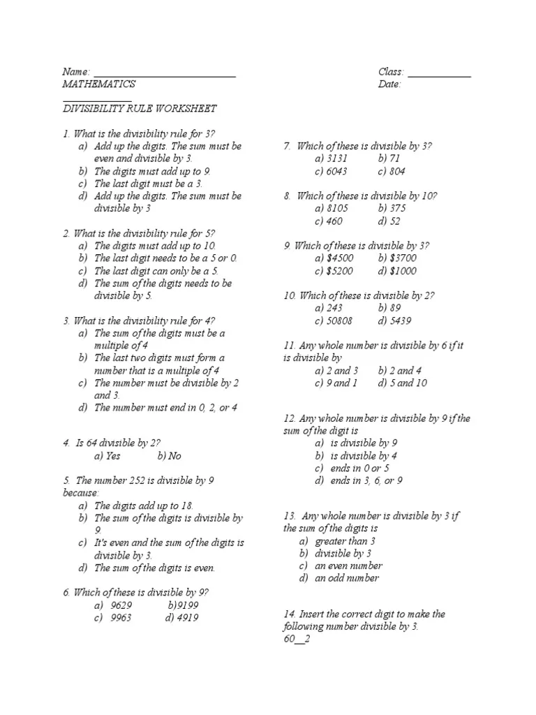 Fourth grade students learning divisibility rules with examples to complete on a math worksheet