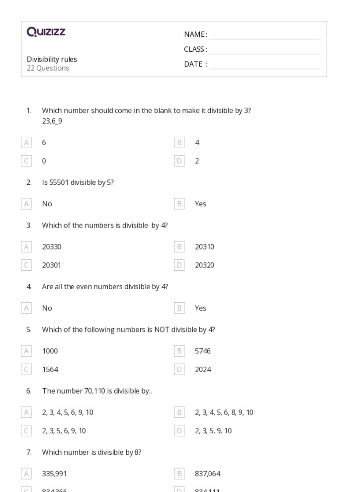 Fourth grade student worksheet showing divisibility rules examples and practice problems for learning mathematical patterns