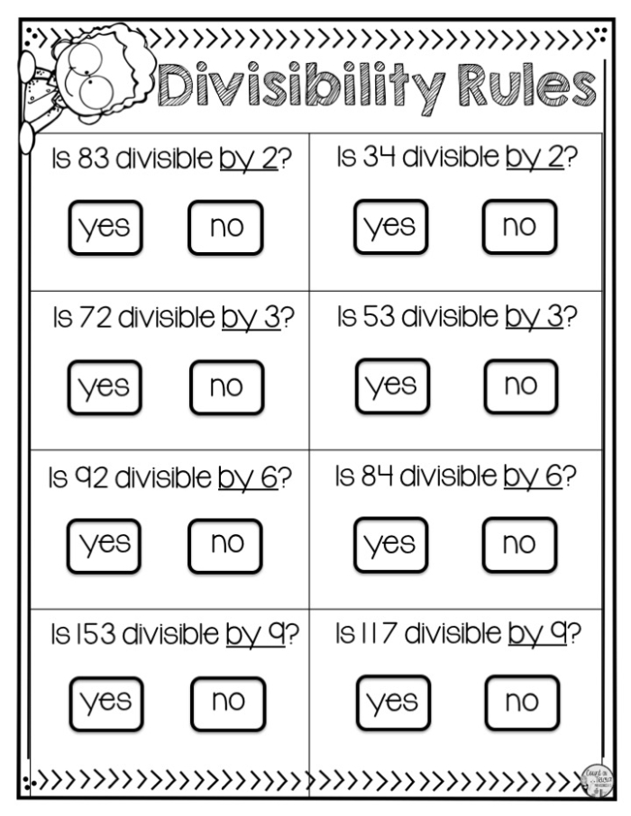 Fourth grade divisibility rules worksheet with examples for students to complete and practice