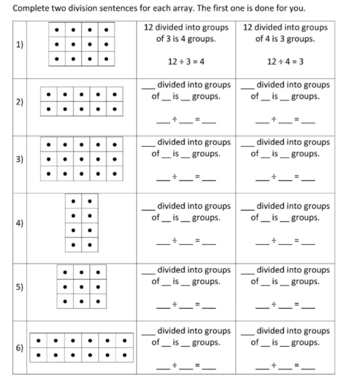 Third grade division worksheet showing array models for solving division problems with answer lines