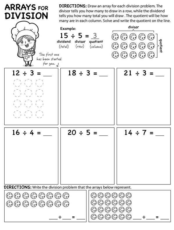 Third grade division arrays worksheet showing practice problems where students draw arrays and find quotients for division facts