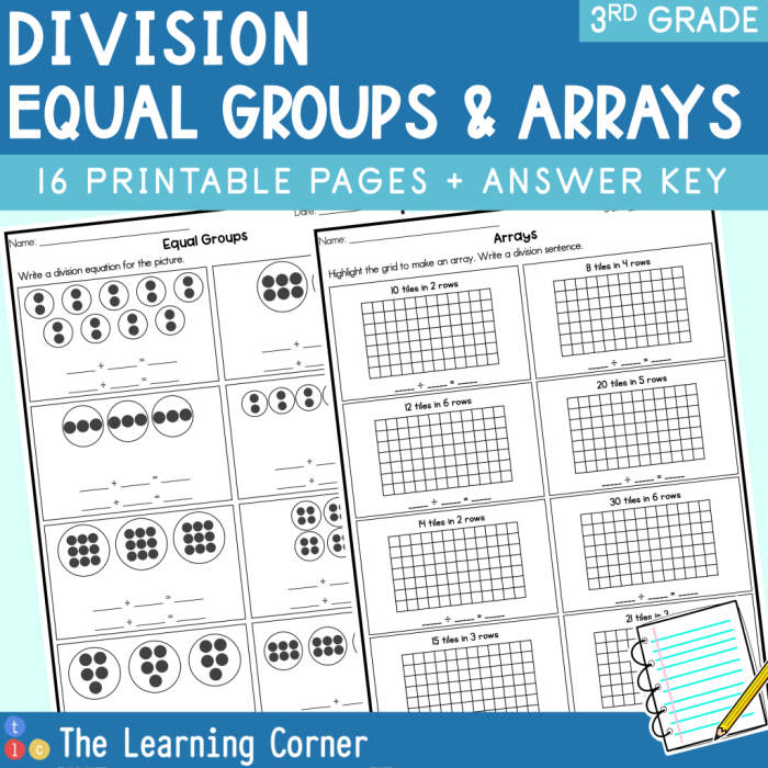 Third grade student worksheet featuring arrays for division part one exercises