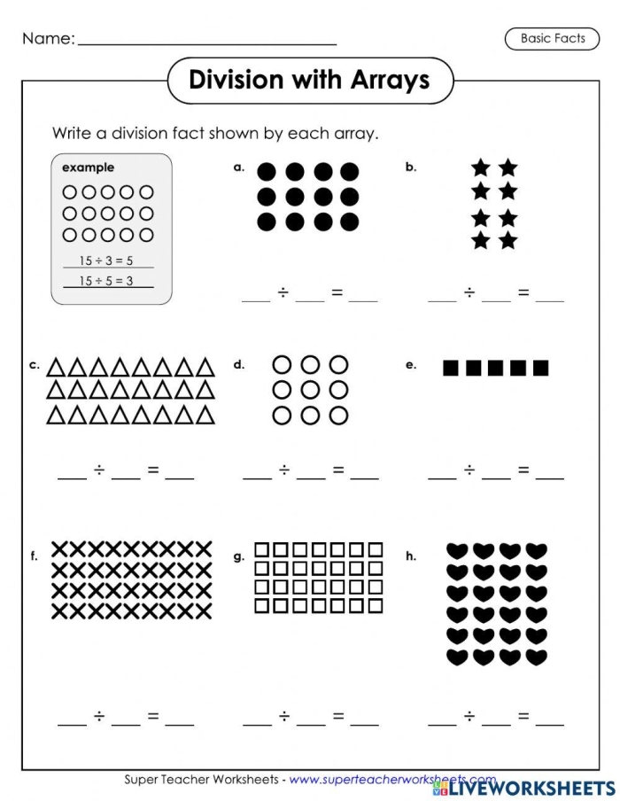 Third grade student drawing arrays to solve division problems and find quotients in this math worksheet activity