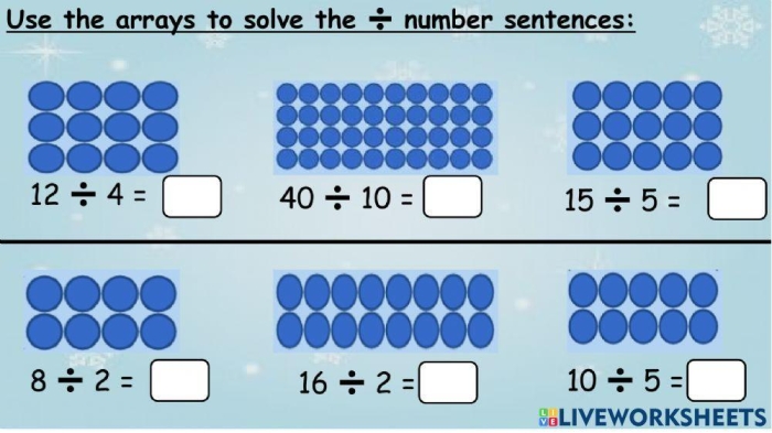 Third grade division arrays worksheet showing practice problems where students draw arrays and find quotients for division problems part one