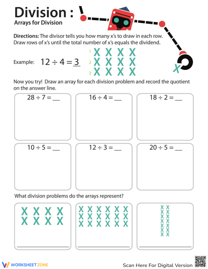 A third grade math worksheet showing how to use arrays to solve division problems and find the quotient