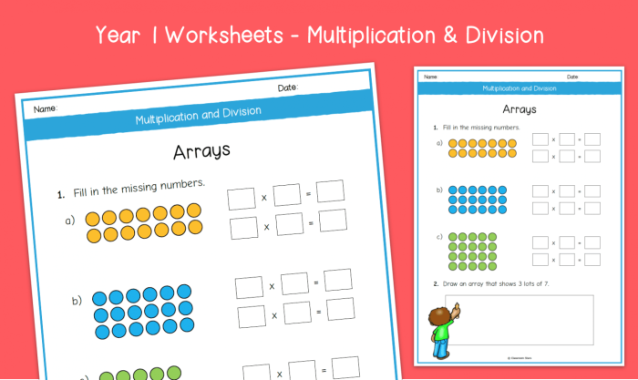 Third grade division arrays worksheet showing practice problems where students draw arrays and write quotients for division equations part one