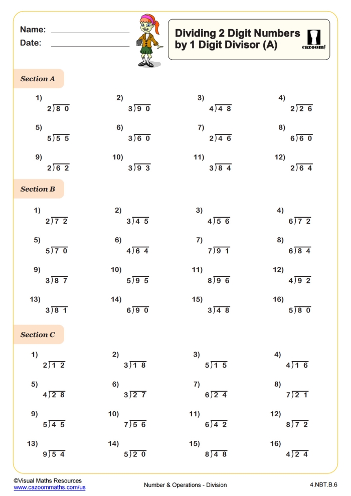 Division Challenge Level 1 worksheet for third graders featuring 20 division problems