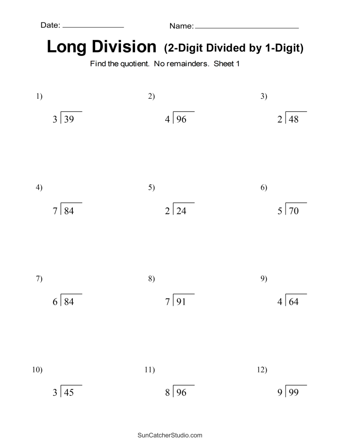 Division Challenge Level 2 worksheet for third graders featuring two-digit divisors and three-digit dividends