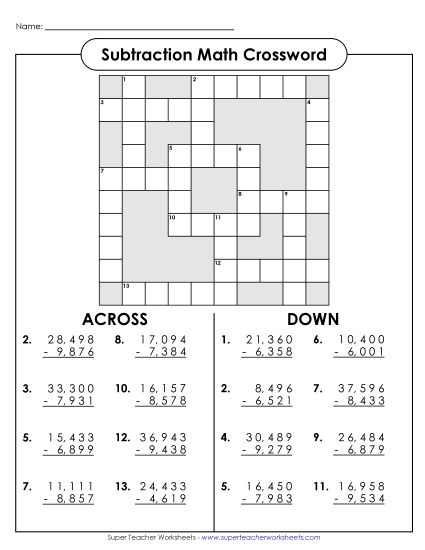 Division crossword worksheet for fourth graders focusing on time and money concepts