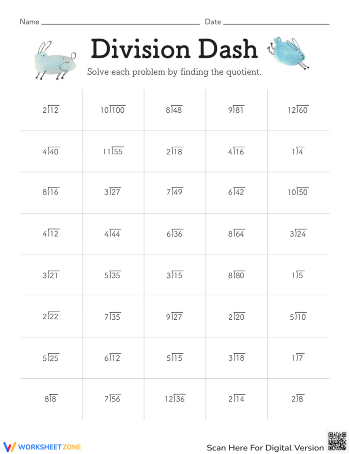 Third grade students practice math skills by solving forty long division problems on the Division Dash worksheet