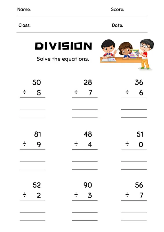 Children working on the Division Dash worksheet featuring 40 long division problems. Engaging long division practice for third graders in a fun worksheet format.