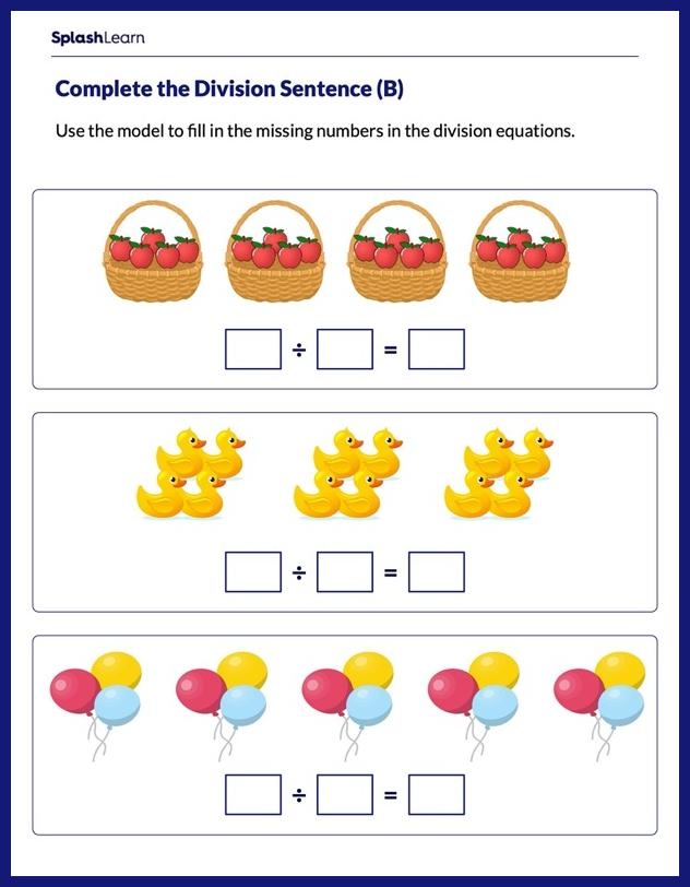 Earth and Space Science worksheet for Third Grade Worksheet image showing third graders creating equal groups for division problems. Division: Equal Groups (Part Two) worksheet for Earth and Space Science.