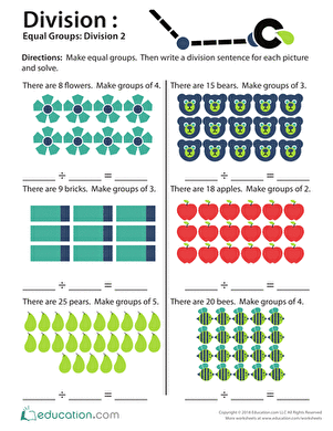 Division: Equal Groups (Part Two) Worksheet - Image 24 Worksheet image illustrating division through equal groups for third graders