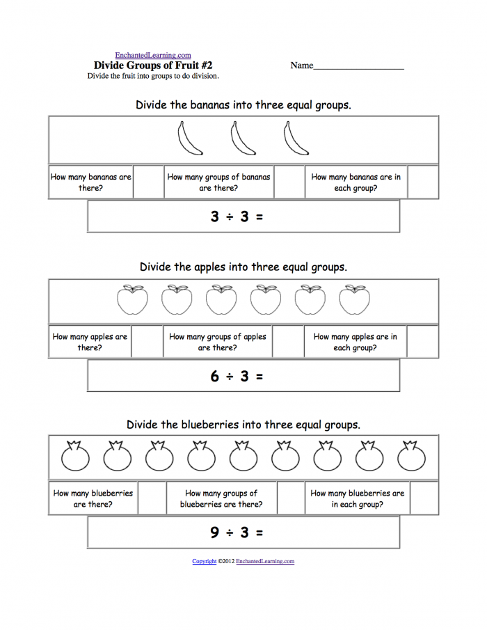 Division worksheet for third graders focusing on equal groups with sample models for practice