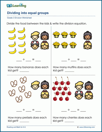Division worksheet for third graders focusing on equal groups with sample models to analyze