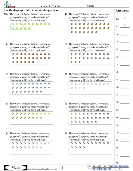 Division worksheet for third graders showing equal groups with a sample model