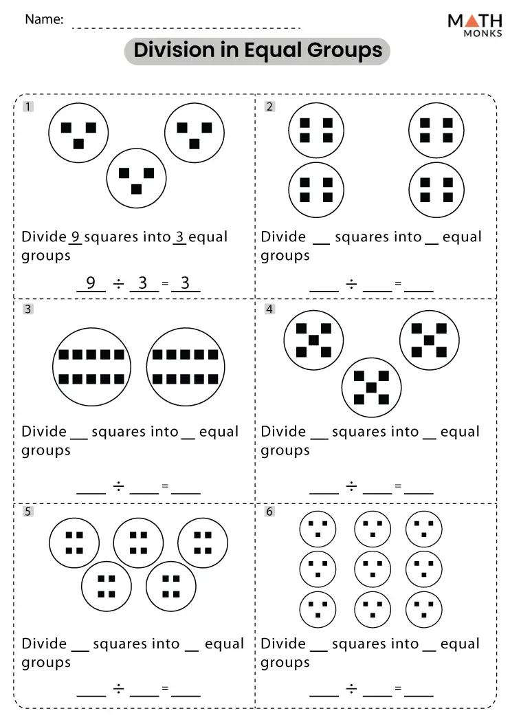 Division worksheet for third graders focusing on equal groups, featuring illustrations to represent division sentences.