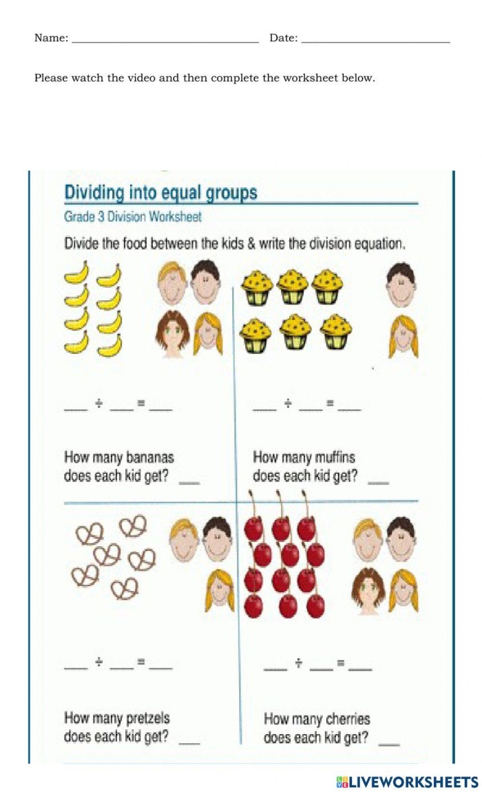 Division worksheet for third graders focusing on equal groups with a sample model. Division: Equal Groups (Part One) worksheet for Time and Money activities.