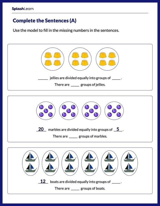 Worksheet illustrating division using equal groups for third graders