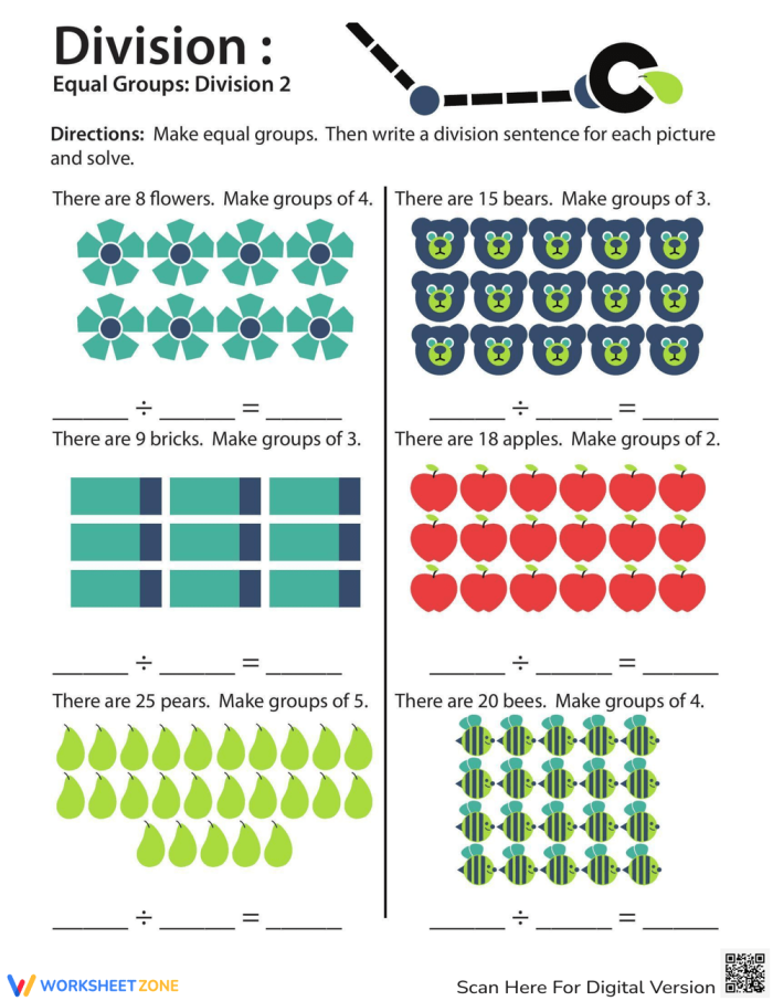 Division worksheet for third graders focusing on equal groups with sample models