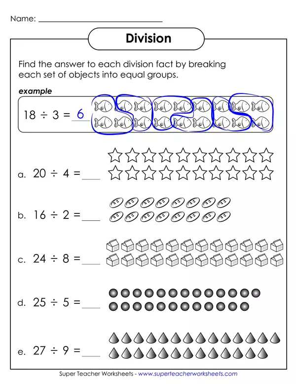 Division worksheet for third graders focusing on equal groups, featuring sample models and space for division sentences.