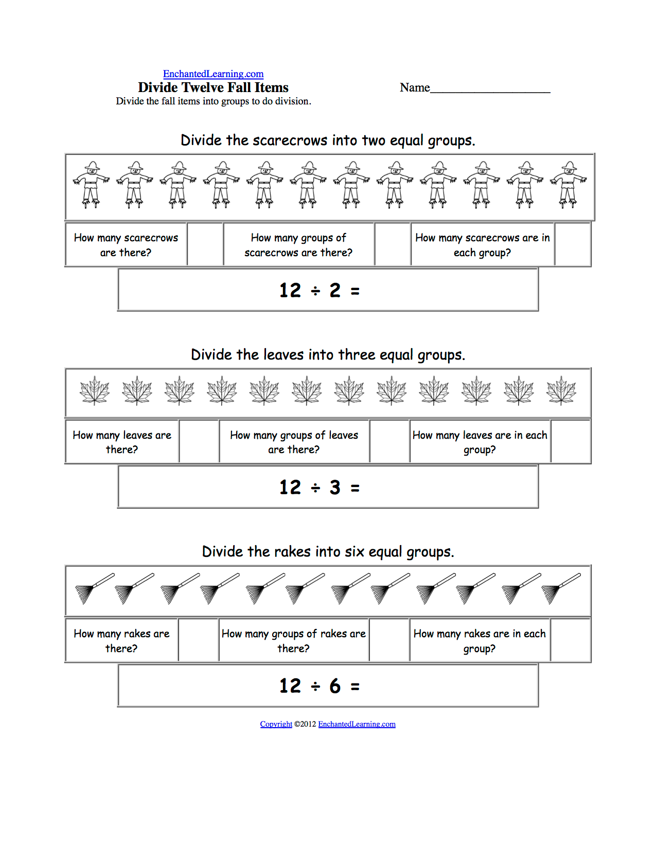 Division worksheet for third graders focusing on equal groups with sample models.