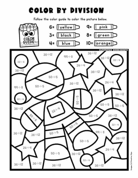 Third grade color by number division worksheet with basic division problems and coloring activity for image 9