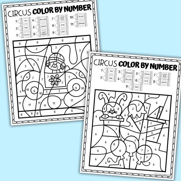 Circus-themed color by number worksheet for practicing division facts