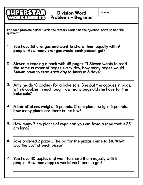 Division Challenge Level 1 worksheet for third graders featuring 20 division problems