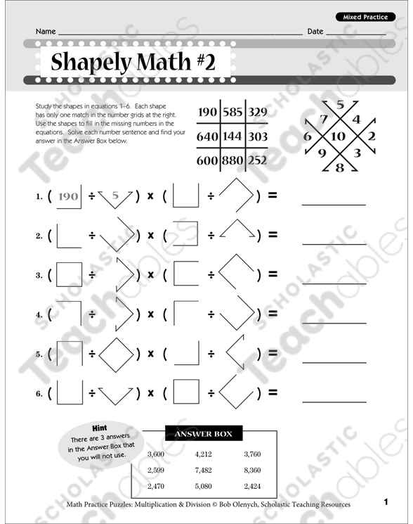 Division puzzle worksheet for third grade students with empty spaces to fill in division answers using given numbers