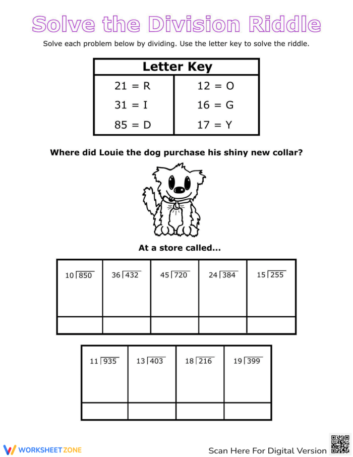 Division Riddle worksheet for Fifth Grade
