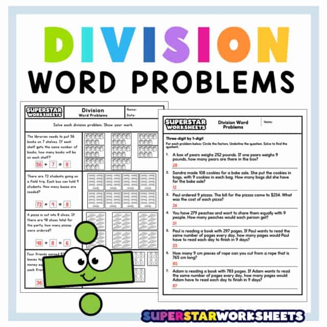 Simple Division Word Problems Practice Sheet for Elementary Math Learners Fourth grade students solving simple division word problems with colorful illustrations and clear problem statements