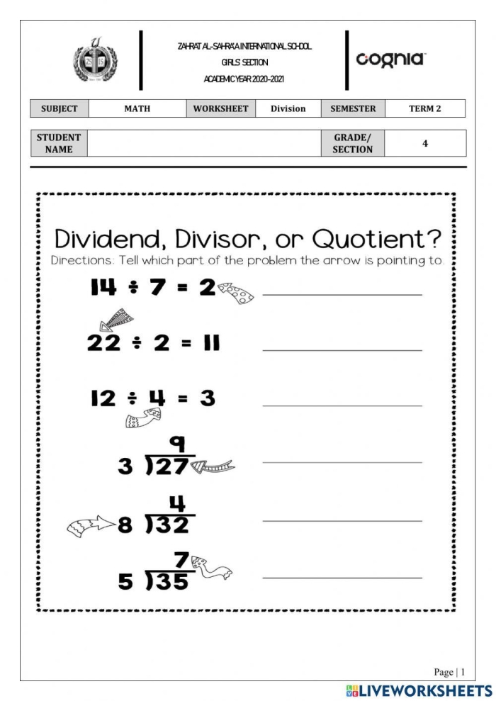 Division Terms Worksheet for Fourth Grade Number 14 Fourth grade student filling out a division terms worksheet with mathematical symbols
