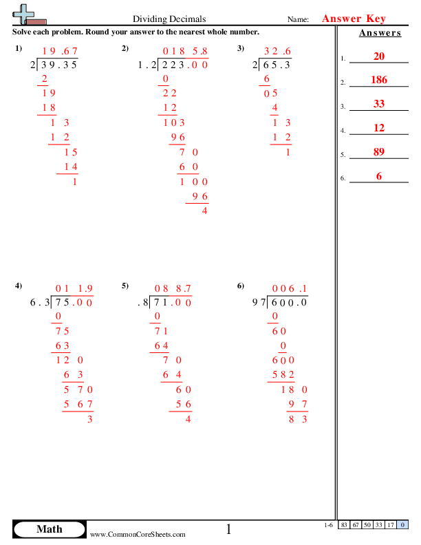 Division with Decimals Worksheet for Sixth Grade Learners Worksheet focused on dividing multi-digit decimals using the standard algorithm