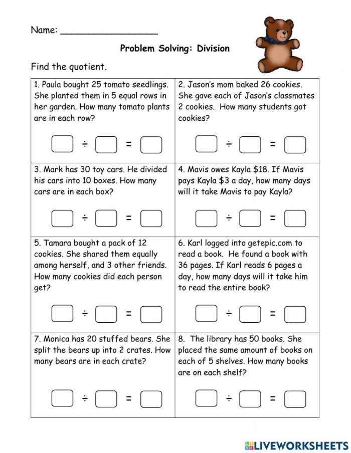 Fifth grade division word problems worksheet with sample problems and space for showing work