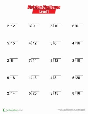 Division Challenge Level 1 worksheet for third graders featuring 20 division problems