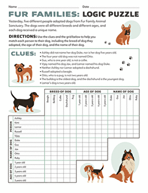 Fur Families Logic Puzzle Worksheet 21 Sixth grade math worksheet featuring a dog-themed logic puzzle for subtraction practice