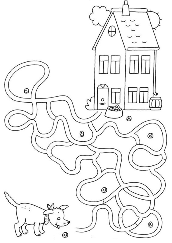 First Grade Dog Maze Puzzle 14 - Help Buddy Find the Tennis Ball A cartoon dog navigating through a winding maze path to reach a tennis ball in this first grade addition worksheet activity