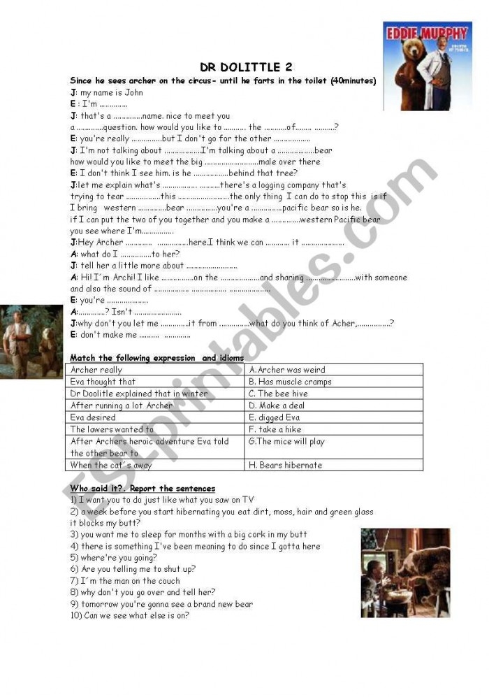 Fourth grade reading comprehension worksheet featuring a passage from The Story of Dr. Dolittle