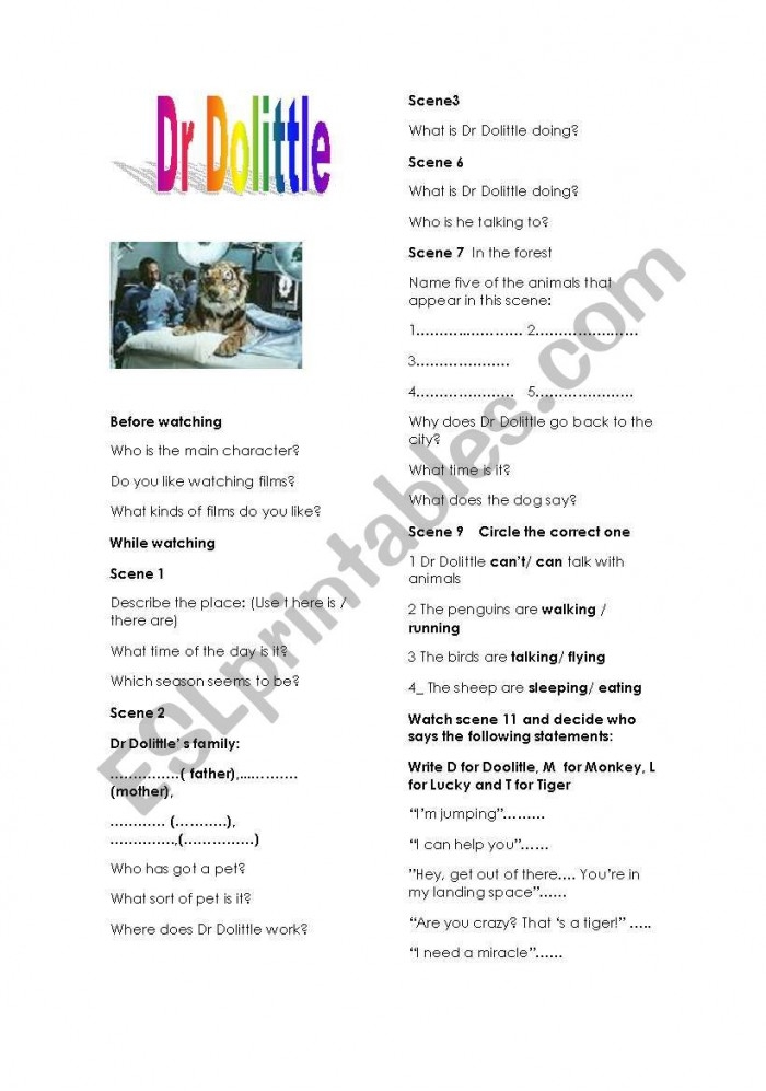 Fourth grade reading comprehension worksheet featuring a passage from The Story of Dr. Dolittle with comprehension questions for young readers