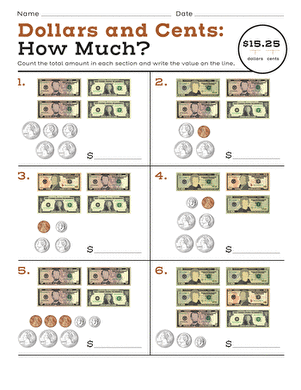 Second grade worksheet for practicing addition with dollar bills and coins labeled 21