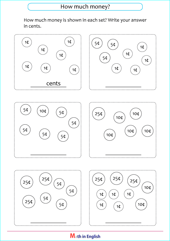 Worksheet for practicing addition with dollar bills and coins for second graders