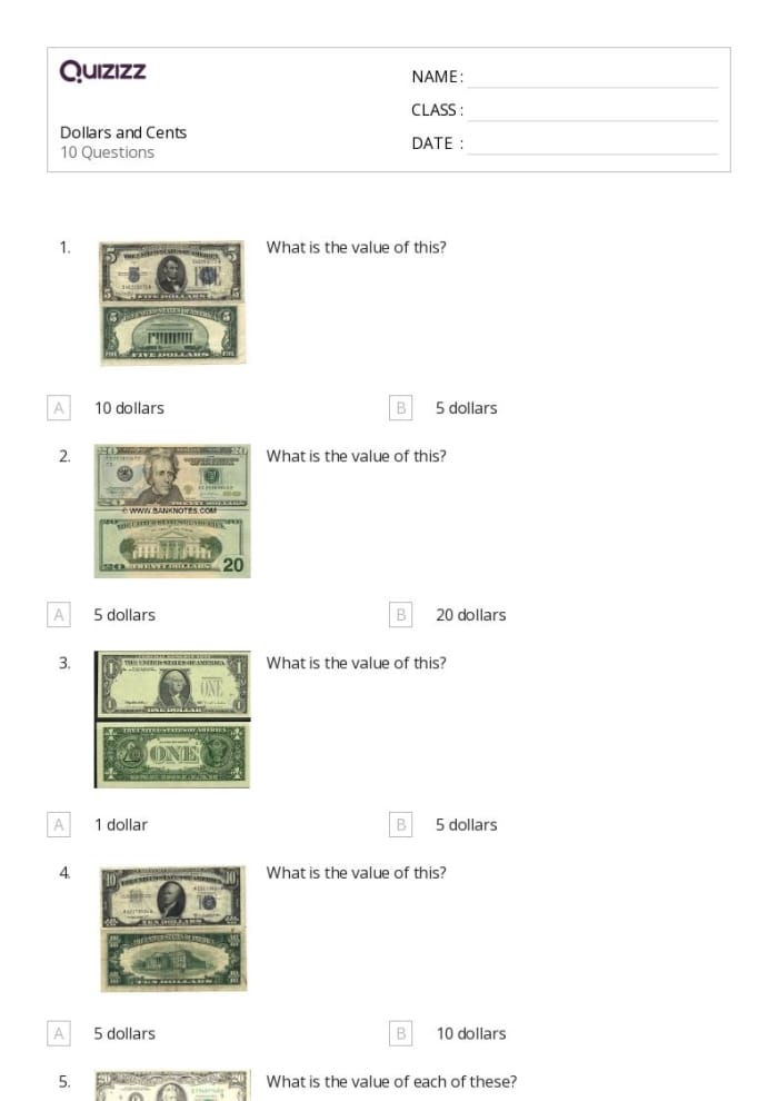 Worksheet featuring money math practice for second graders focusing on adding dollars and cents