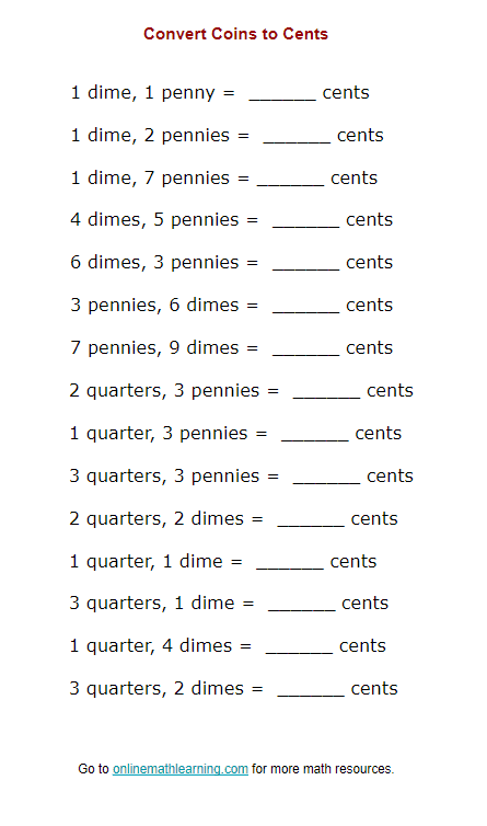 Worksheet for practicing money math with dollars and coins for second graders